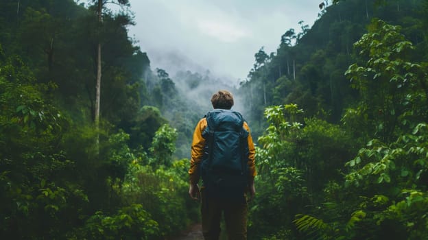 Backpacker trekking a lush jungle path in the rain, surrounded by vibrant green foliage