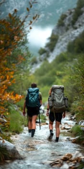 Two hikers with backpacks crossing a rocky stream in a forest, surrounded by autumn foliage