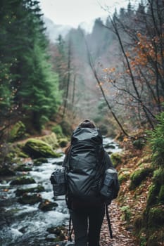 Backpacker walking along a river trail in a forest, with mossy rocks and autumn leaves