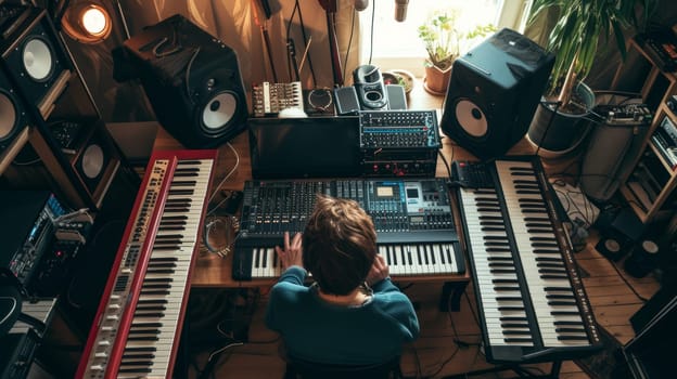 Overhead view of a musician in a cozy, wood-paneled home studio