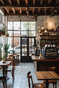 Warm and inviting interior of a rustic coffee shop with natural light