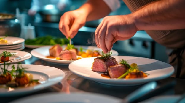 Chef delicately garnishing a gourmet dish in a professional kitchen