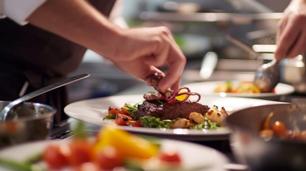 Chef delicately garnishing a gourmet dish in a professional kitchen