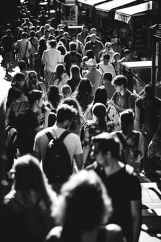 Monochrome image capturing a busy outdoor market with diverse crowd