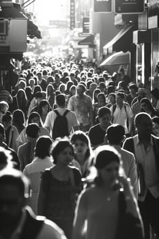 Monochrome image capturing a busy outdoor market with diverse crowd