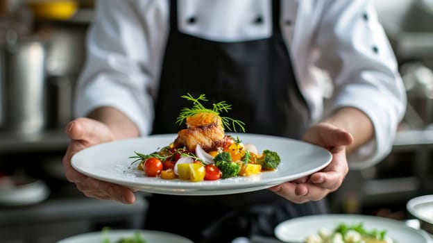 Chef meticulously plating a sophisticated dish in a professional kitchen