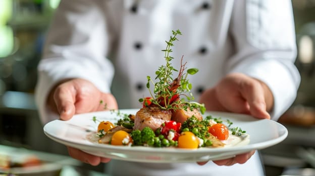 Chef meticulously plating a sophisticated dish in a professional kitchen
