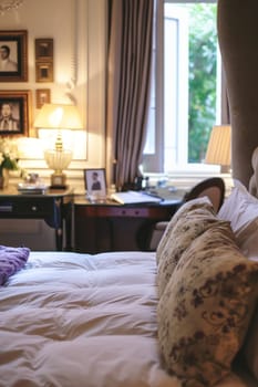 Inviting bedroom featuring plush pillows, an open window with garden view, and a warm, ambient light setting