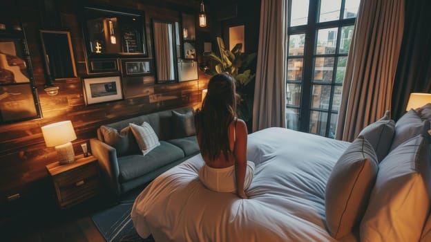 Peaceful moment as a woman looks out to a cityscape from a modern bedroom with warm lighting