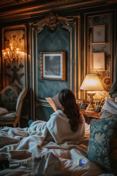 Individual wrapped in a bathrobe, immersed in reading a book in a luxurious bedroom with vintage decor