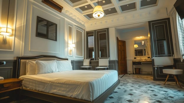 Spacious bedroom with neoclassical design elements, illuminated by soft lighting, showcasing comfort and style