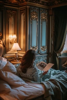 Individual wrapped in a bathrobe, immersed in reading a book in a luxurious bedroom with vintage decor