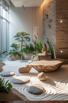 Tranquil interior Zen garden with bonsai tree, smooth stones, sand patterns, and warm lighting, symbolizing peace and mindfulness