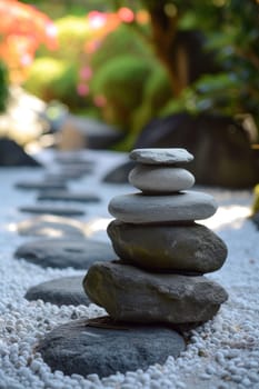 Zen stone pathway leading through a white pebbled garden adorned with vibrant pink flowers and lush foliage