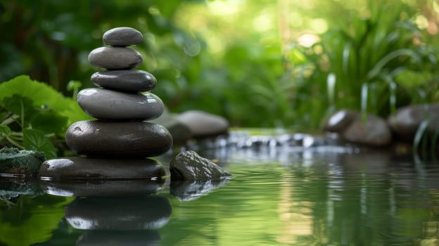 A serene pile of smooth stones balanced in a forest stream with lush greenery in soft focus in the background