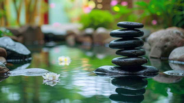A serene pile of smooth stones balanced in a forest stream with lush greenery in soft focus in the background