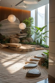 Tranquil interior Zen garden with bonsai tree, smooth stones, sand patterns, and warm lighting, symbolizing peace and mindfulness