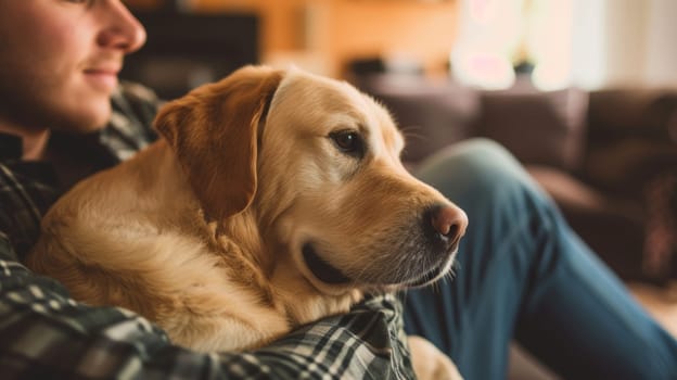 Thoughtful Golden Retriever leaning on its owner, showcasing a bond of trust and contemplation