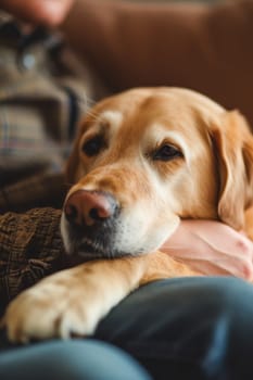 Golden Retriever resting its head on its owner's lap, enjoying a relaxing time on a comfortable couch