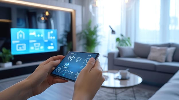 Hand holding a smartphone with smart home control interface in a well-lit, stylish living room