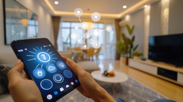 Hand holding a smartphone with smart home control interface in a well-lit, stylish living room