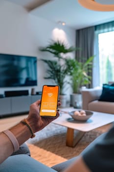 Close-up of a smartphone screen displaying a smart home remote control interface in a chic living room setting