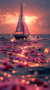 A sailboat peacefully floats on the water as the sun sets, creating a stunning red sky at dusk with clouds in the afterglow