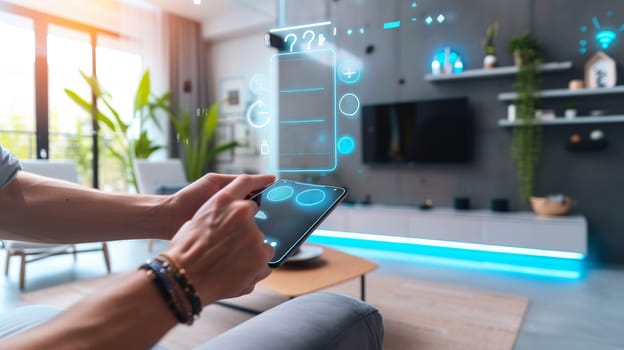 Person using a smartphone with a futuristic holographic smart home interface against a modern living room backdrop