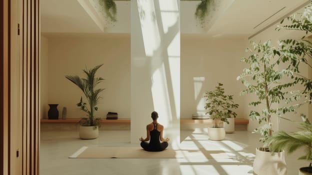 Individual meditating in a spacious, light-filled room with minimalist design and greenery