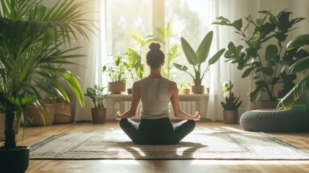 Meditative pose with a forest backdrop through large windows in a serene home environment