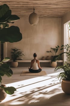 Tranquil yoga setting with woman practicing mindfulness in a sunlit, plant-filled room