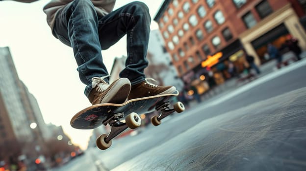 Skater performing a trick on a city street with vivid urban art in the background