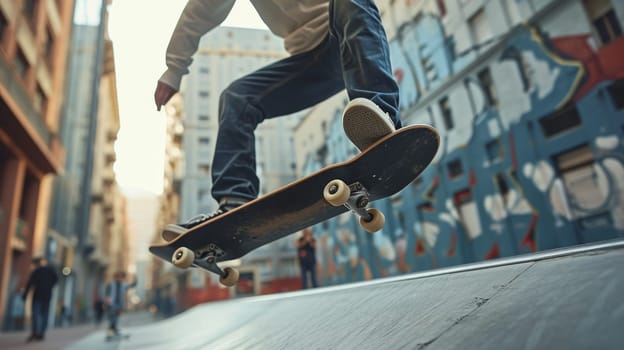 Skateboarder in mid-trick with an expansive cityscape and clear blue sky backdrop