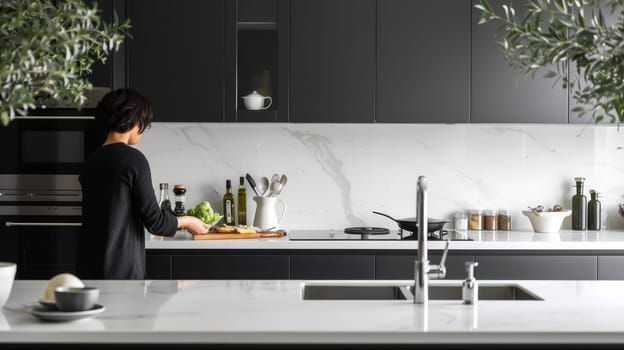 A person preparing food in a modern kitchen with black cabinets, marble backsplash, and stainless steel appliances