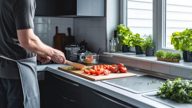 Male in casual wear cutting fresh tomatoes on wooden board with green herbs on windowsill in a sleek kitchen interior