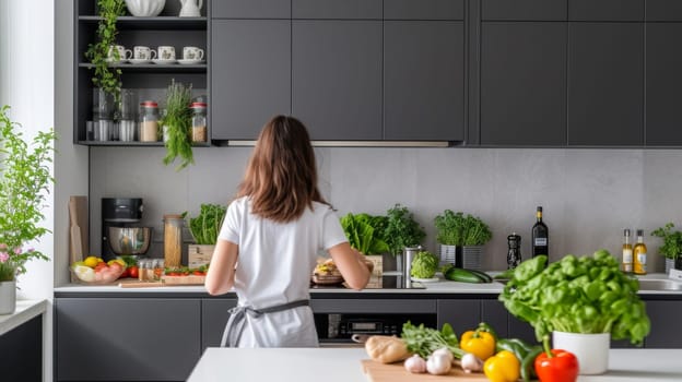 A woman preparing food in a modern kitchen with black cabinets, marble backsplash, and stainless steel appliances