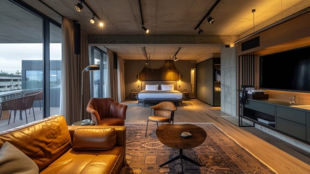 Modern hotel room with sleek furnishings and balcony access, offering a comfortable urban retreat