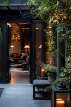 Serene courtyard lounge with soft lighting and luxurious decor providing an intimate atmosphere during twilight