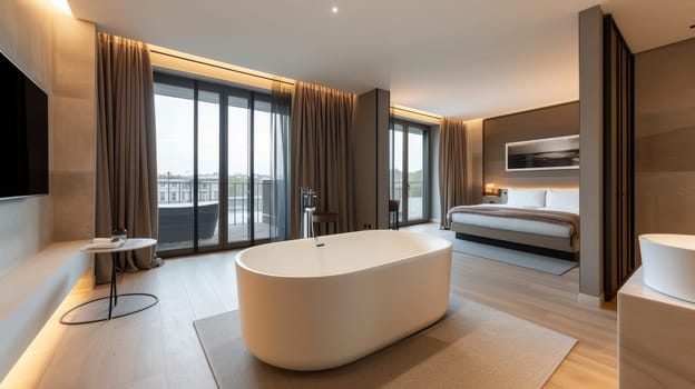 Spacious and elegant hotel room featuring a freestanding bathtub with panoramic city views through floor-to-ceiling windows