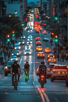 Evening traffic on a busy city street captured in bokeh with cyclists and cars, highlighting urban movement