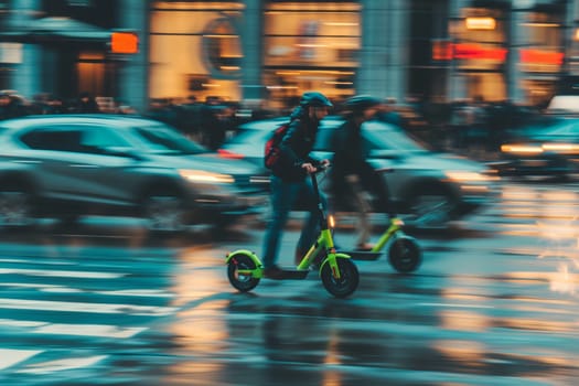 Commuters riding e-scooters and bicycles in busy city street, motion blur conveying the speed of urban life