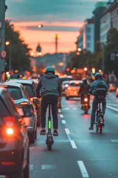 Evening traffic on a busy city street captured in bokeh with cyclists and cars, highlighting urban movement
