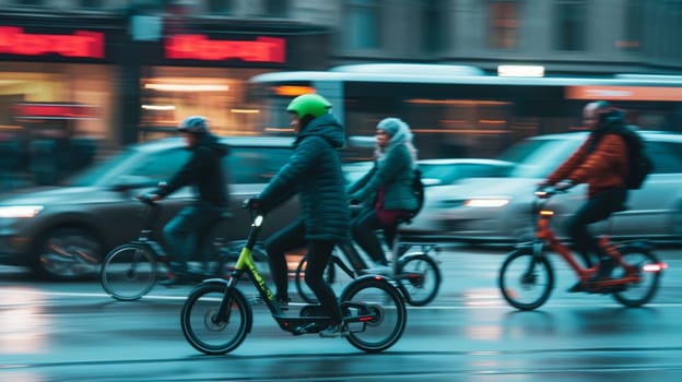 Commuters riding e-scooters and bicycles in busy city street, motion blur conveying the speed of urban life