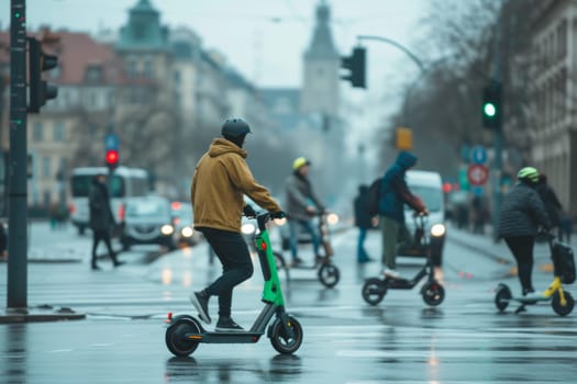 Commuters riding electric scooters on a wet city street during a rainy day, with blurred traffic in the background