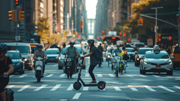 A person rides an e-scooter across a busy city street, surrounded by cyclists and cars, with tall buildings in the background