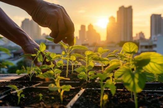Close-up of hands planting young green seedlings in urban garden beds with a cityscape sunrise in the background