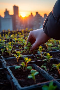 Close-up of hands planting young green seedlings in urban garden beds with a cityscape sunrise in the background