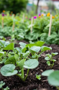 Fresh vegetable seedlings growing in rich soil, in the early stages of a garden's life cycle