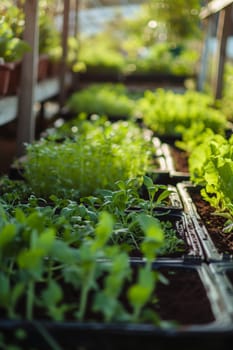 Fresh vegetable seedlings growing in rich soil, in the early stages of a garden's life cycle
