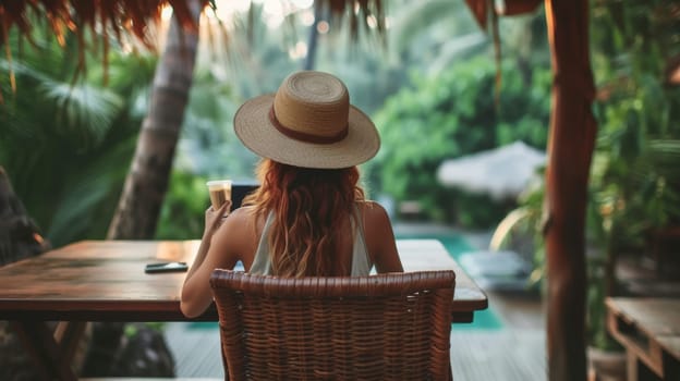 Back view of a relaxed woman with a hat, sipping coffee and overlooking a lush tropical landscape